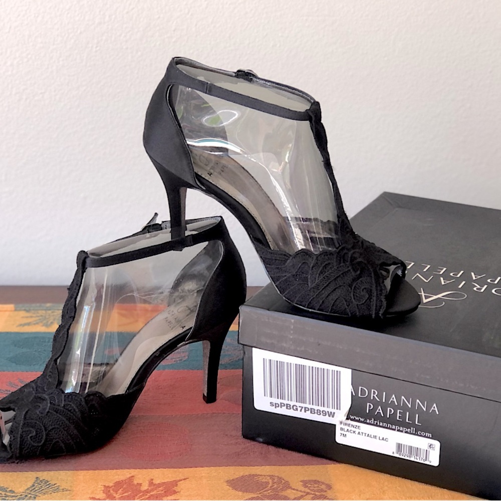 Adrianna Papell Black Lace /Silk Open Toe Heels 7 New with Box Never Worn